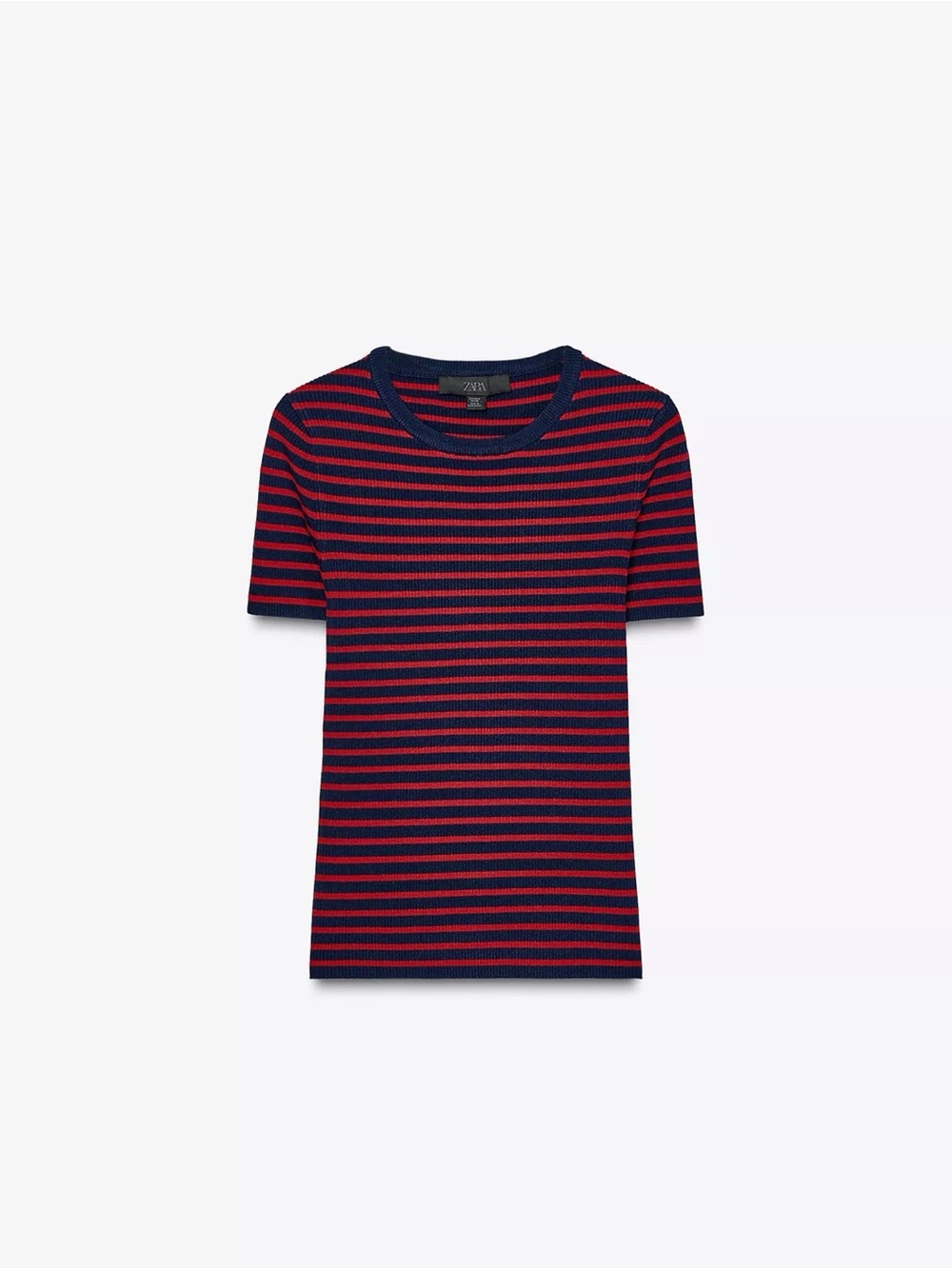 Zara Women's Short Sleeve Navy and Red Striped Knit Top, S